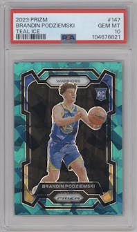 Brandin Podziemski from the 2023-24 Panini Prizm set featuring a Teal Ice parallel graded by PSA and given an overall grade of 10.