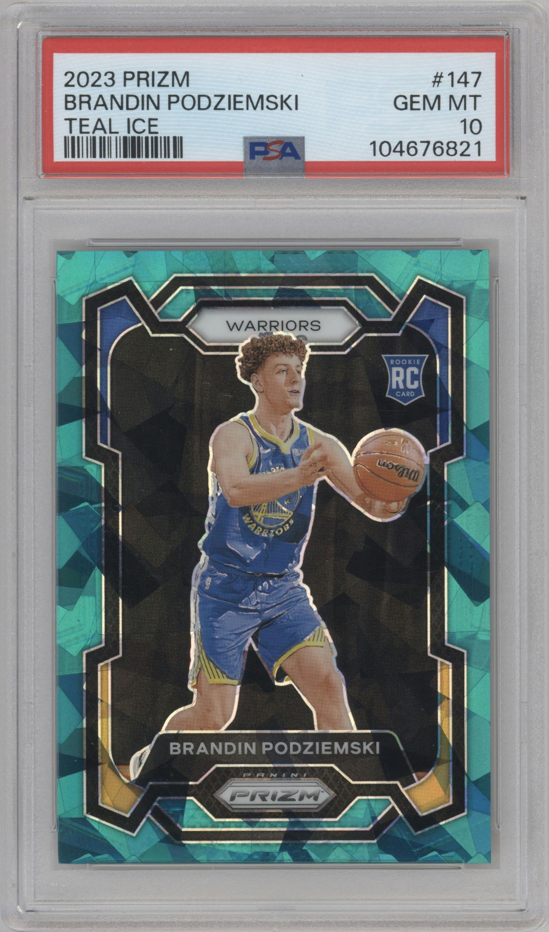 Brandin Podziemski from the 2023-24 Panini Prizm set featuring a Teal Ice parallel graded by PSA and given an overall grade of 10.