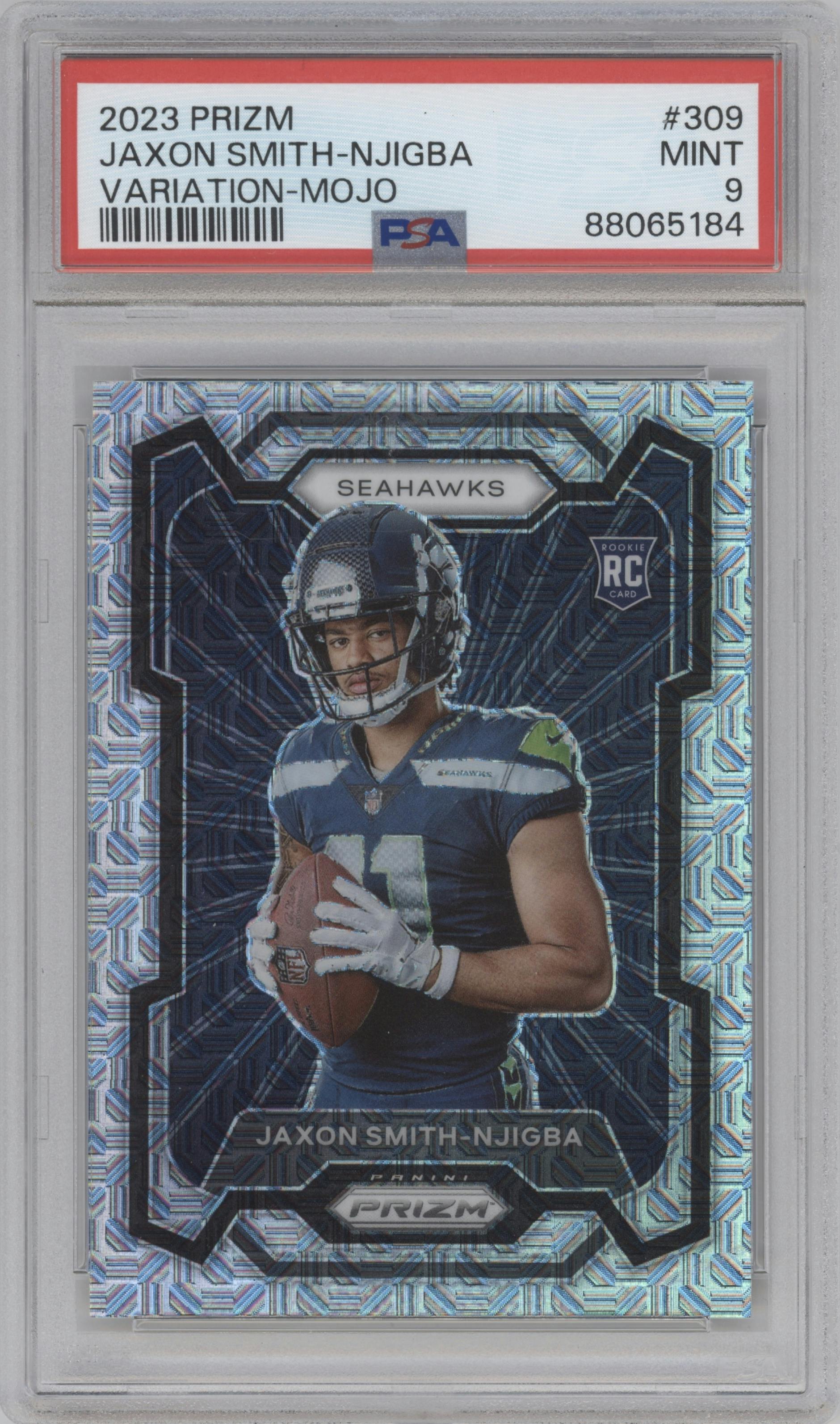 Jaxon Smith-Njigba from the 2023 Panini Prizm set featuring a Mojo Prizm parallel graded by PSA and given an overall grade of 9.