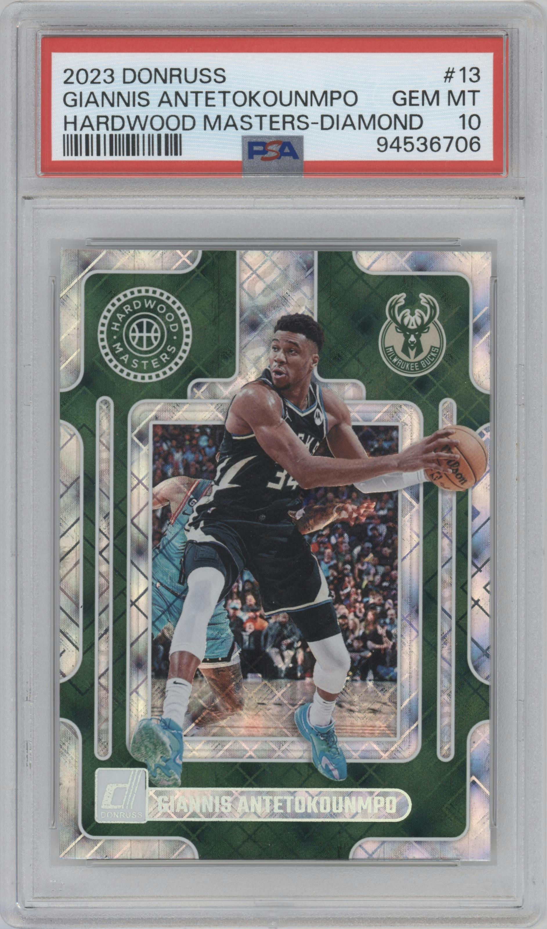 Giannis Antetokounmpo  from the 2023-24 Panini Donruss set featuring a Diamond parallel graded by PSA and given an overall grade of 10.