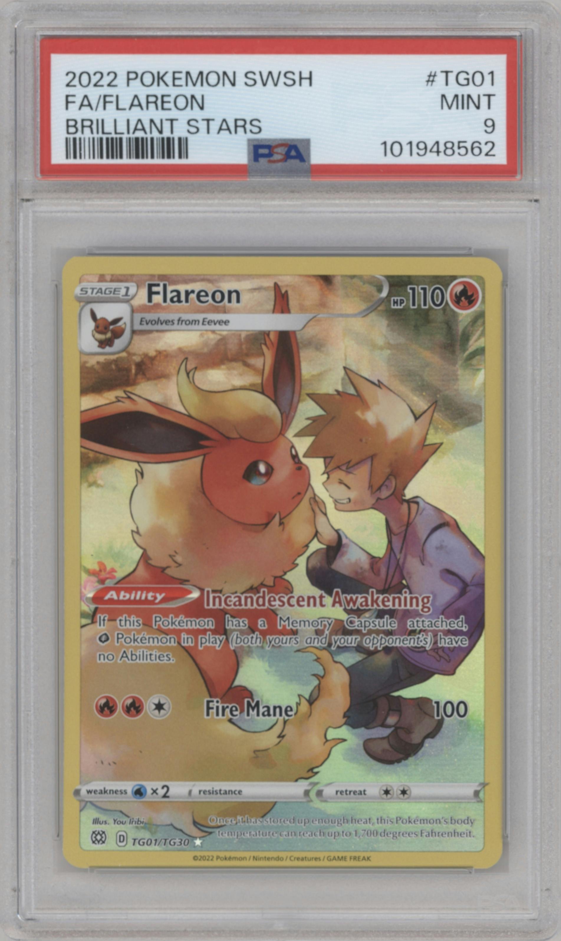 Flareon from the 2022 Pokemon SWSH set graded by PSA and given an overall grade of 9.