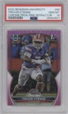 Trevor Etienne from the 2022 Bowman University Chrome set featuring a Pink Refractor parallel graded by PSA and given an overall grade of 10.