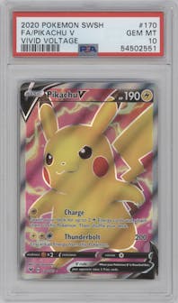 Pikachu V from the 2020 Pokemon SWSH set graded by PSA and given an overall grade of 10.
