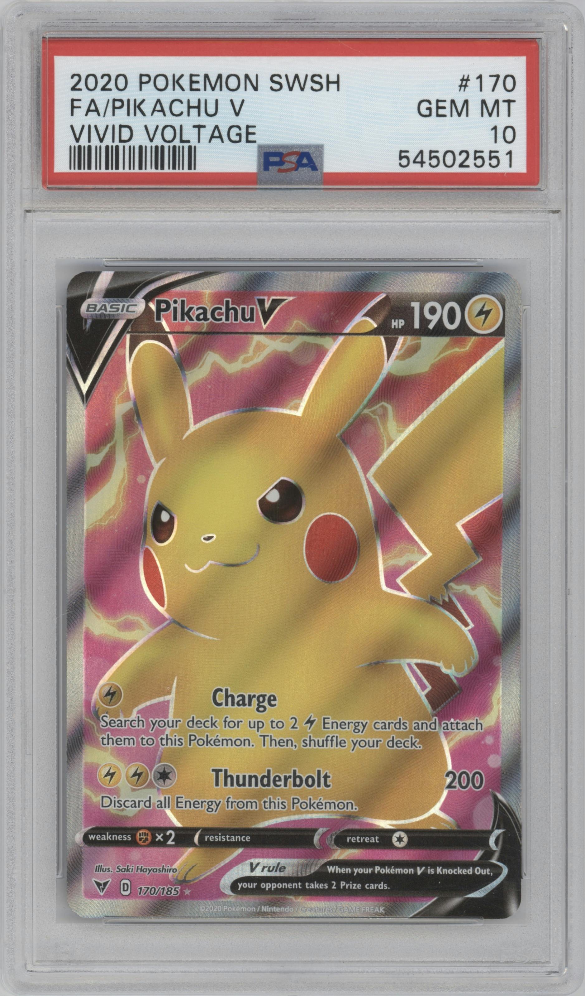 Pikachu V from the 2020 Pokemon SWSH set graded by PSA and given an overall grade of 10.