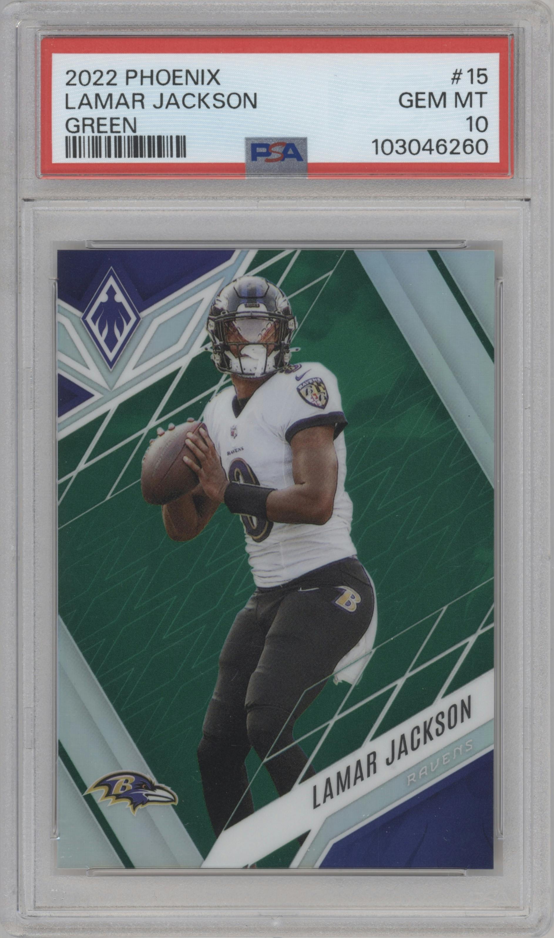 Lamar Jackson from the 2022 Panini Phoenix set featuring a Green parallel graded by PSA and given an overall grade of 10.