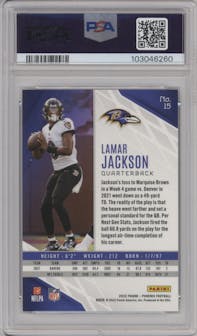 Lamar Jackson from the 2022 Panini Phoenix set featuring a Green parallel graded by PSA and given an overall grade of 10.