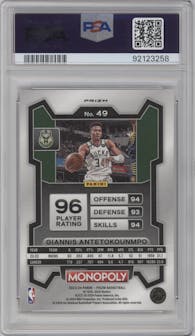 Giannis Antetokounmpo from the 2023-24 Panini Prizm Monopoly set featuring a Free Parking parallel graded by PSA and given an overall grade of 10.