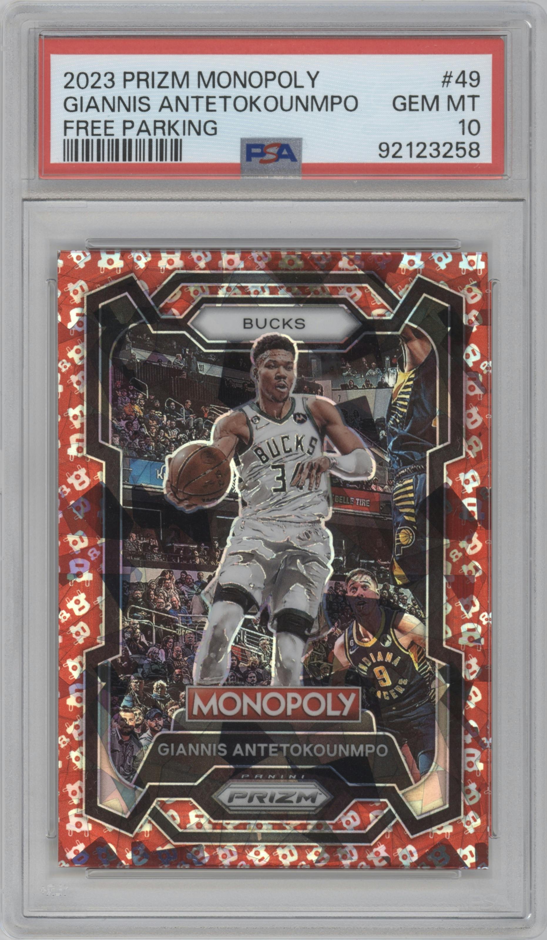 Giannis Antetokounmpo from the 2023-24 Panini Prizm Monopoly set featuring a Free Parking parallel graded by PSA and given an overall grade of 10.