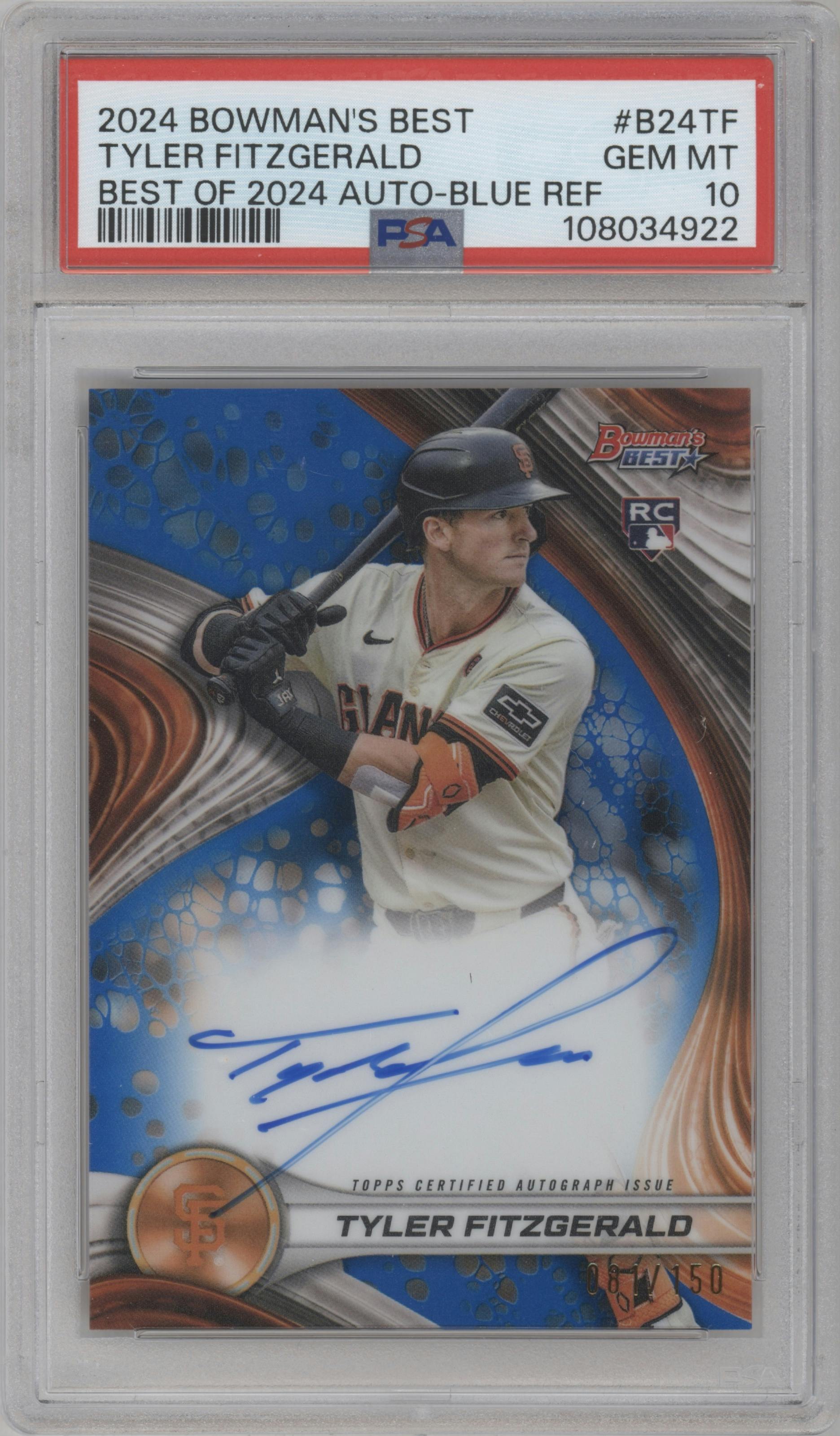 Tyler Fitzgerald from the 2024 Bowman's Best set featuring a Blue Ref. parallel graded by PSA and given an overall grade of 10.