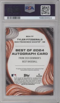 Tyler Fitzgerald from the 2024 Bowman's Best set featuring a Blue Ref. parallel graded by PSA and given an overall grade of 10.