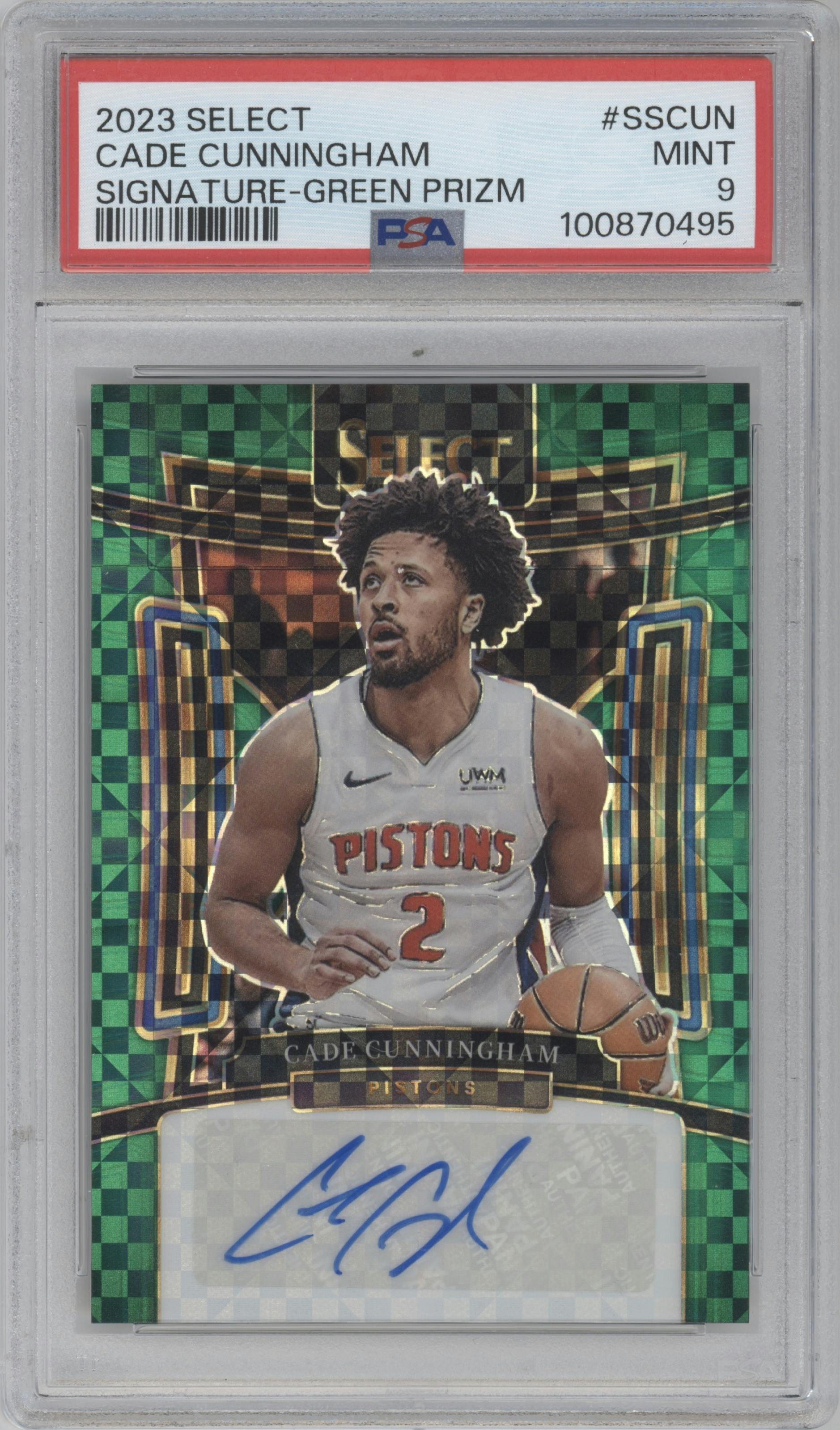 Cade Cunningham  from the 2023-24 Panini Select  set featuring a  Green parallel graded by PSA and given an overall grade of 9.