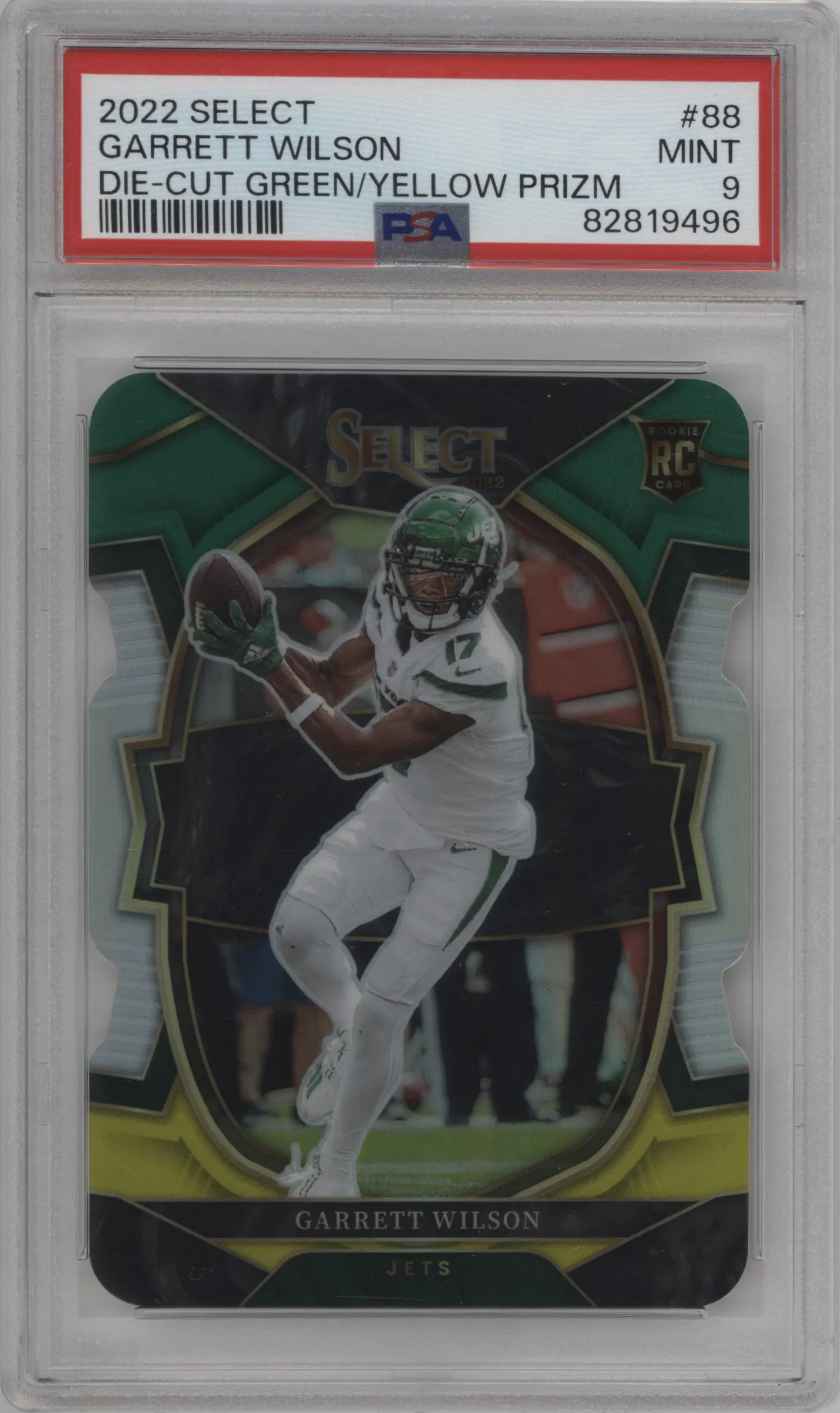 2022 Panini Select Garrett Wilson Die-Cut Green/Yellow PSA 9