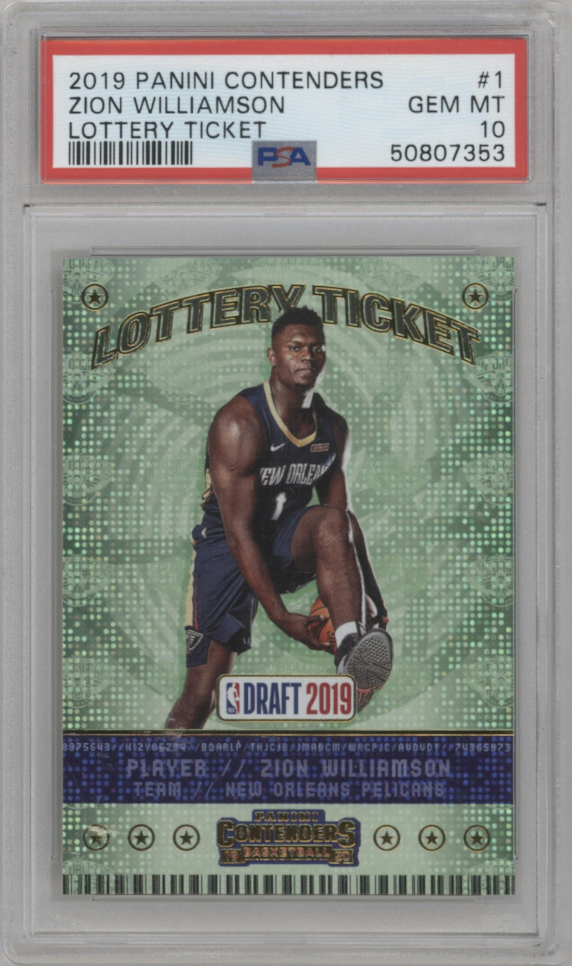 Zion Williamson from the 2019-20 Panini Contenders set graded by PSA and given an overall grade of 10.