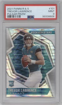 Trevor Lawrence from the 2021 Panini Rookies & Stars set featuring a Pulsar  parallel graded by PSA and given an overall grade of 9.