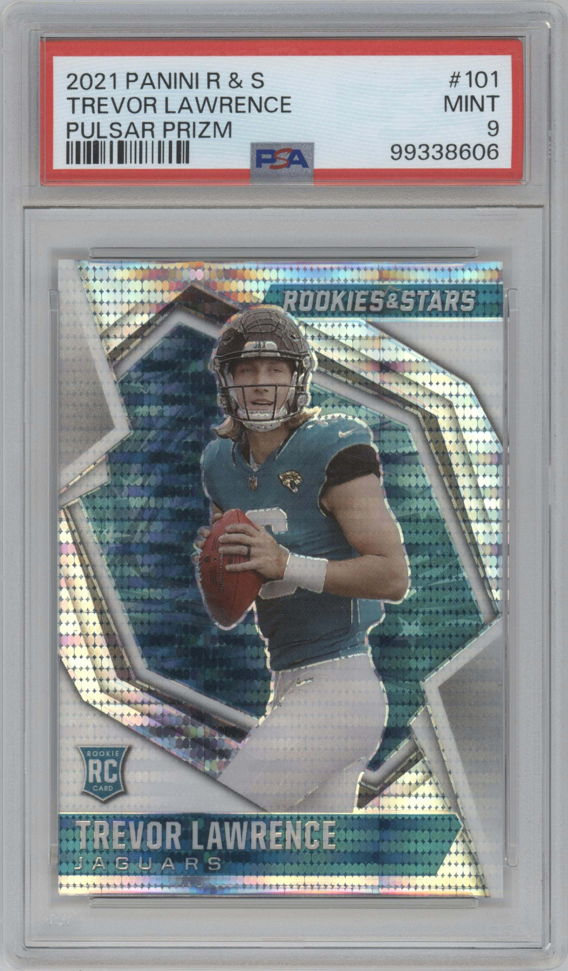 Trevor Lawrence from the 2021 Panini Rookies & Stars set featuring a Pulsar  parallel graded by PSA and given an overall grade of 9.