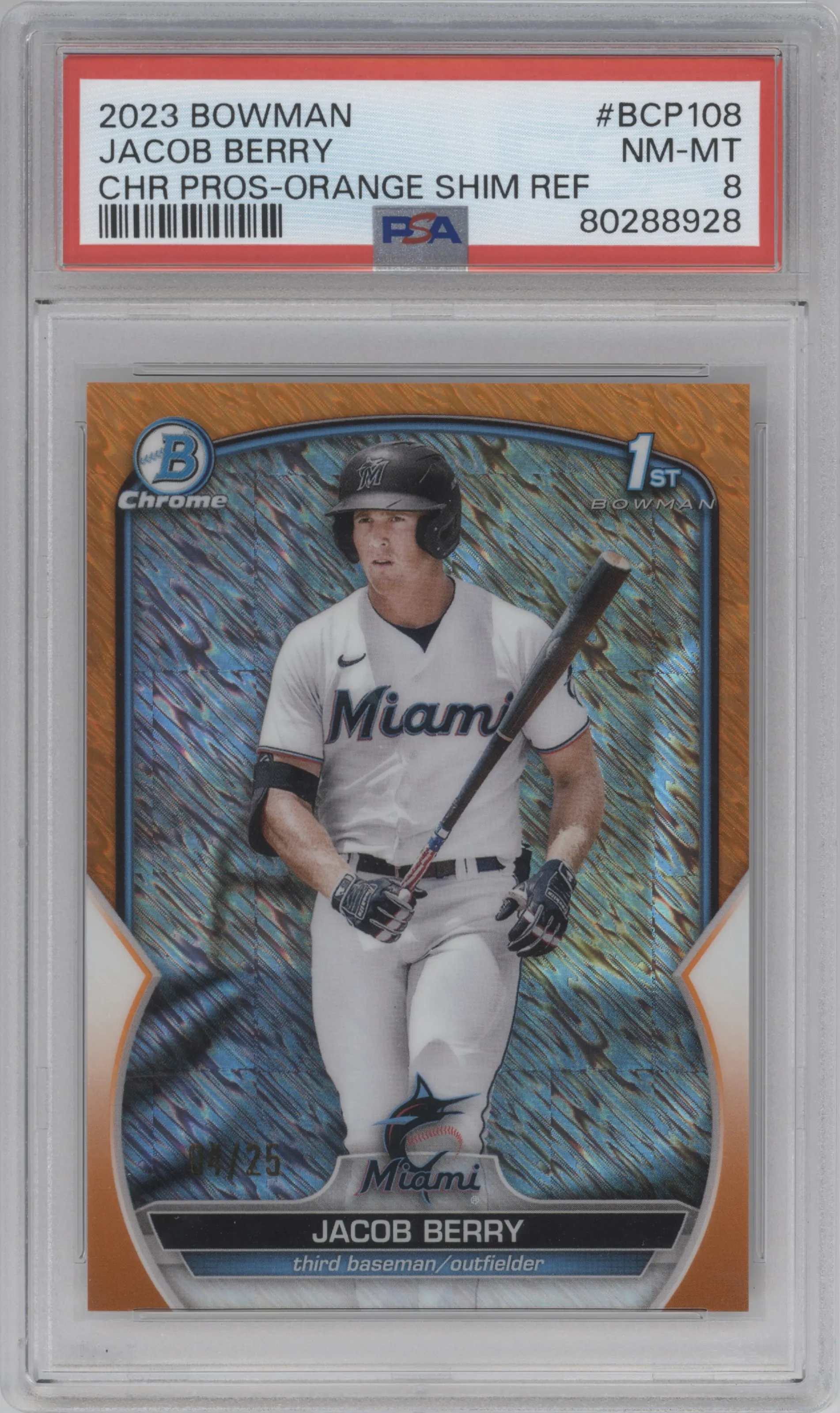 2023 Bowman Chr.Pros. Jacob Berry Orange Shimmer Refractor #BCP-108 PSA 8