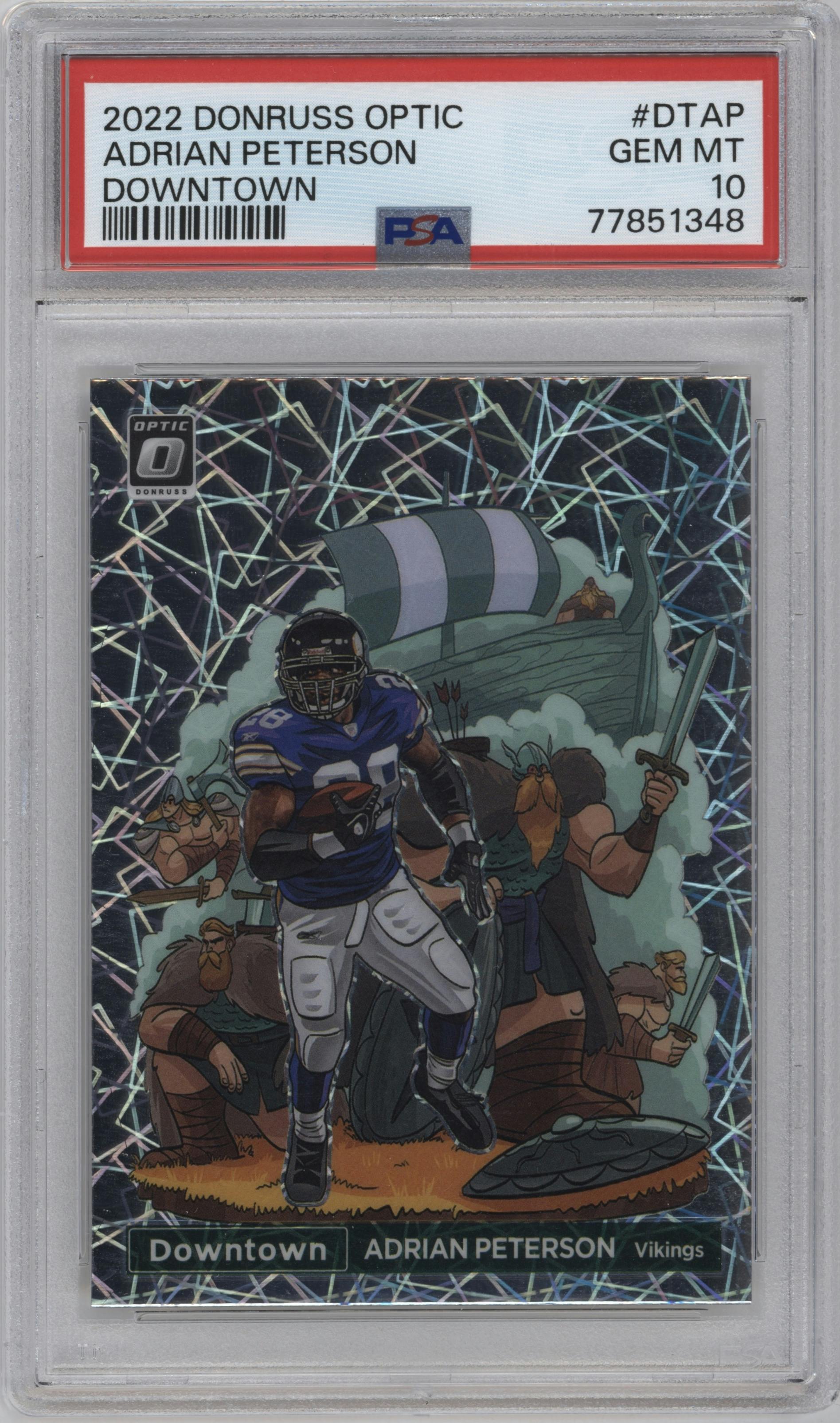 Adrian Peterson from the 2022 Panini Donruss Optic set graded by PSA and given an overall grade of 10.