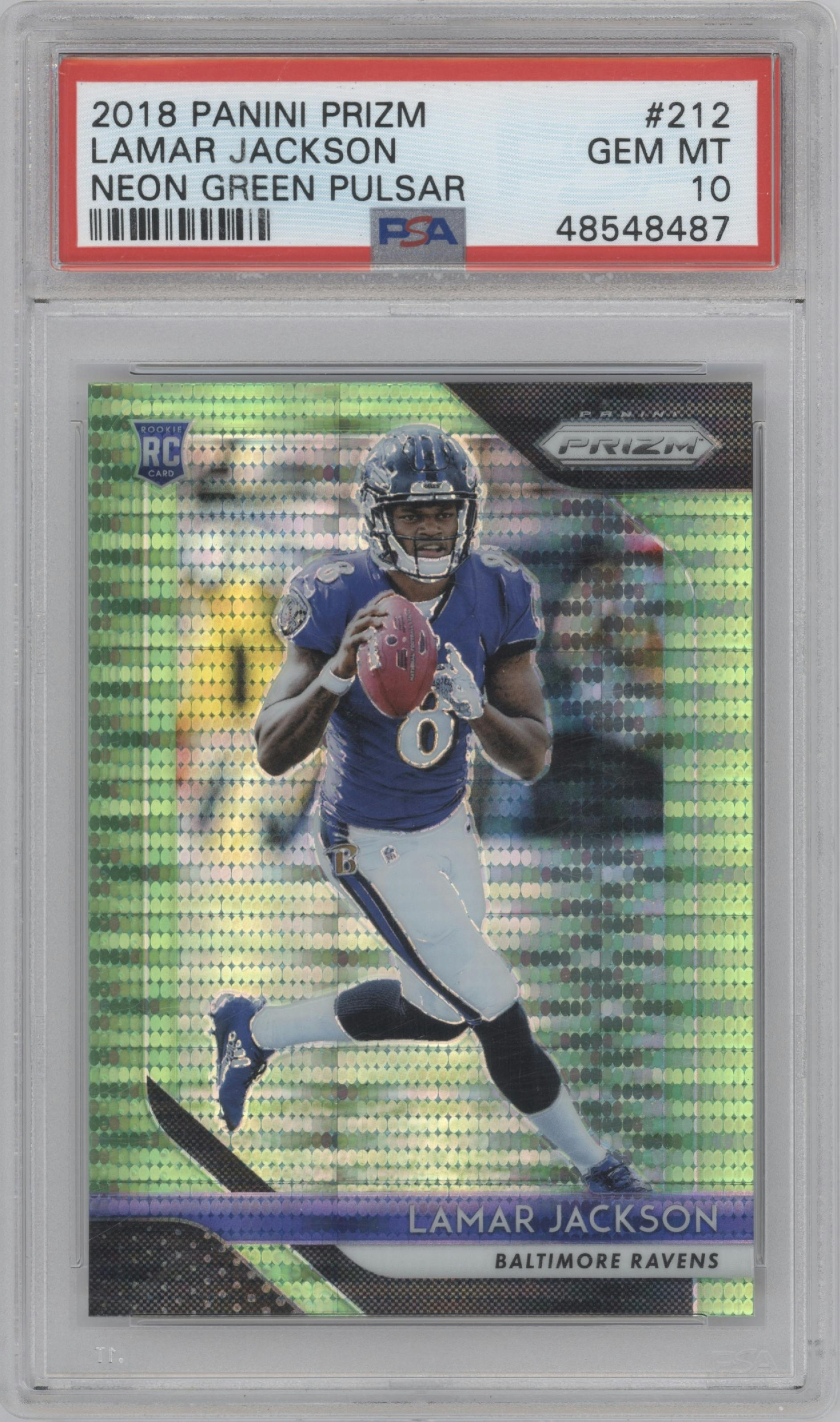 Lamar Jackson from the 2018 Panini Prizm set featuring a Neon Green Pulsar parallel graded by PSA and given an overall grade of 10.
