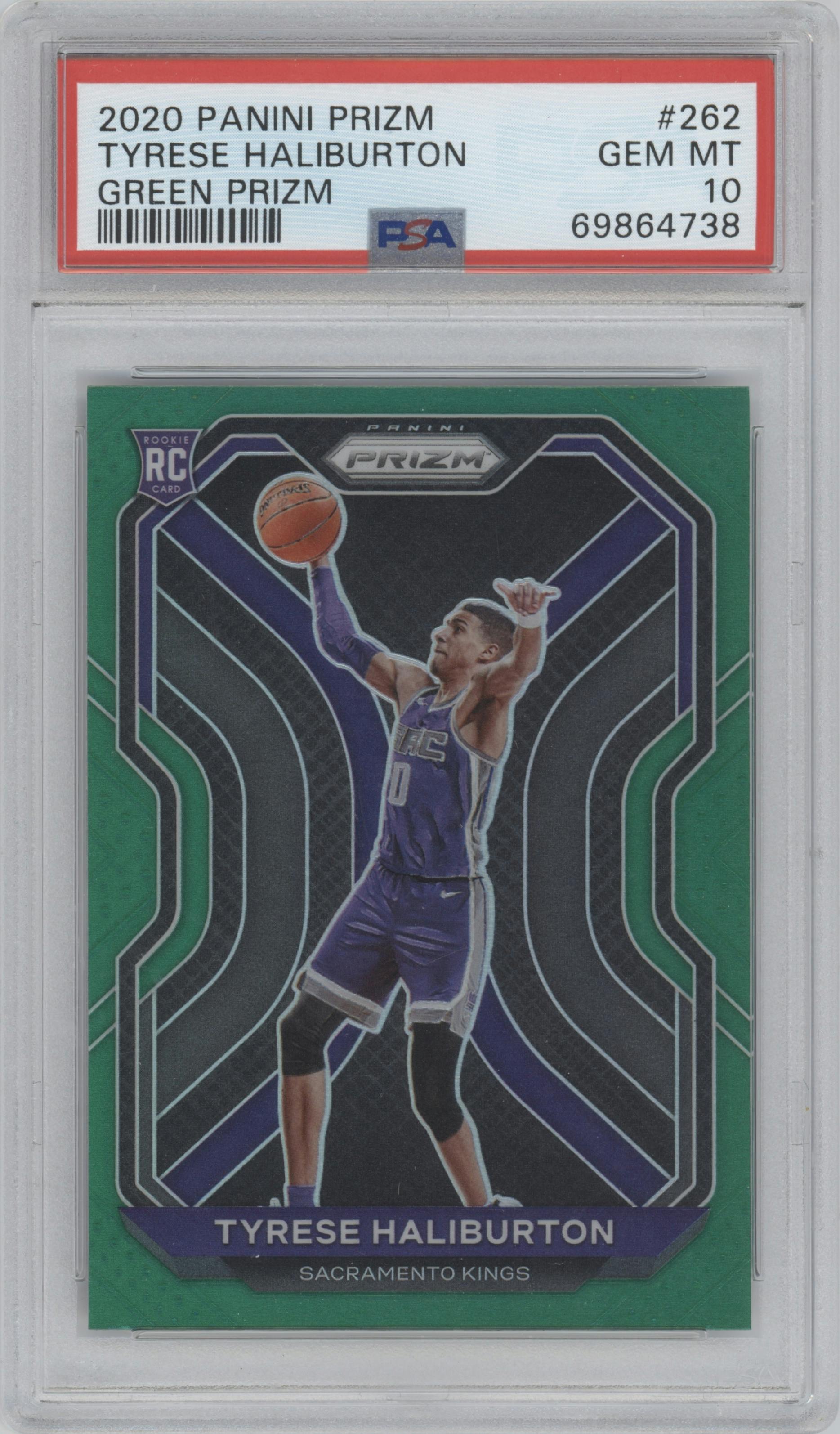 Tyrese Haliburton from the 2020-21 Panini Prizm set featuring a Green Prizm parallel graded by PSA and given an overall grade of 10.