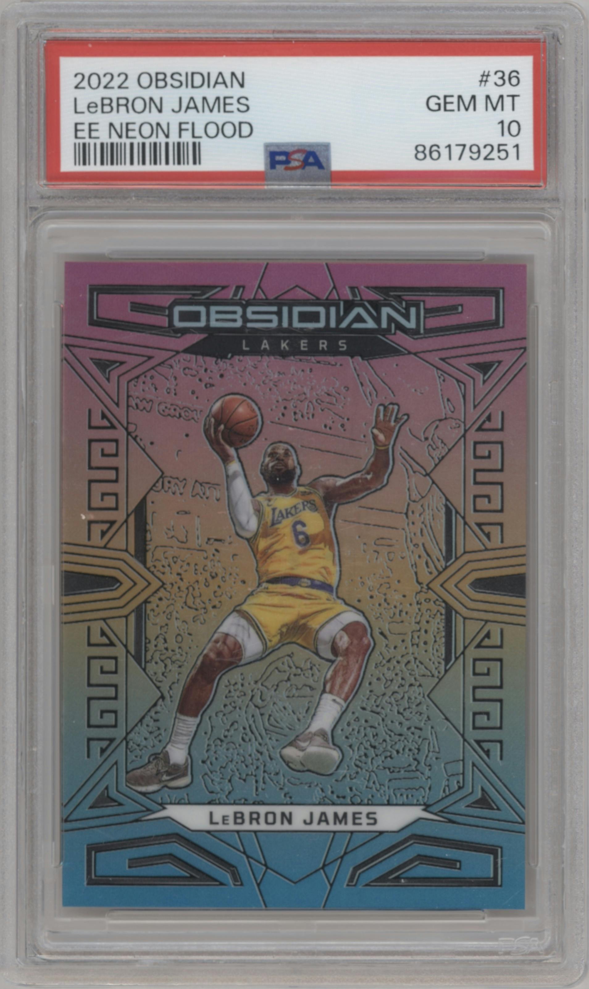 LeBron James from the 2022-23 Panini Obsidian set featuring a Electric Etch Neon Flood parallel graded by PSA and given an overall grade of 10.