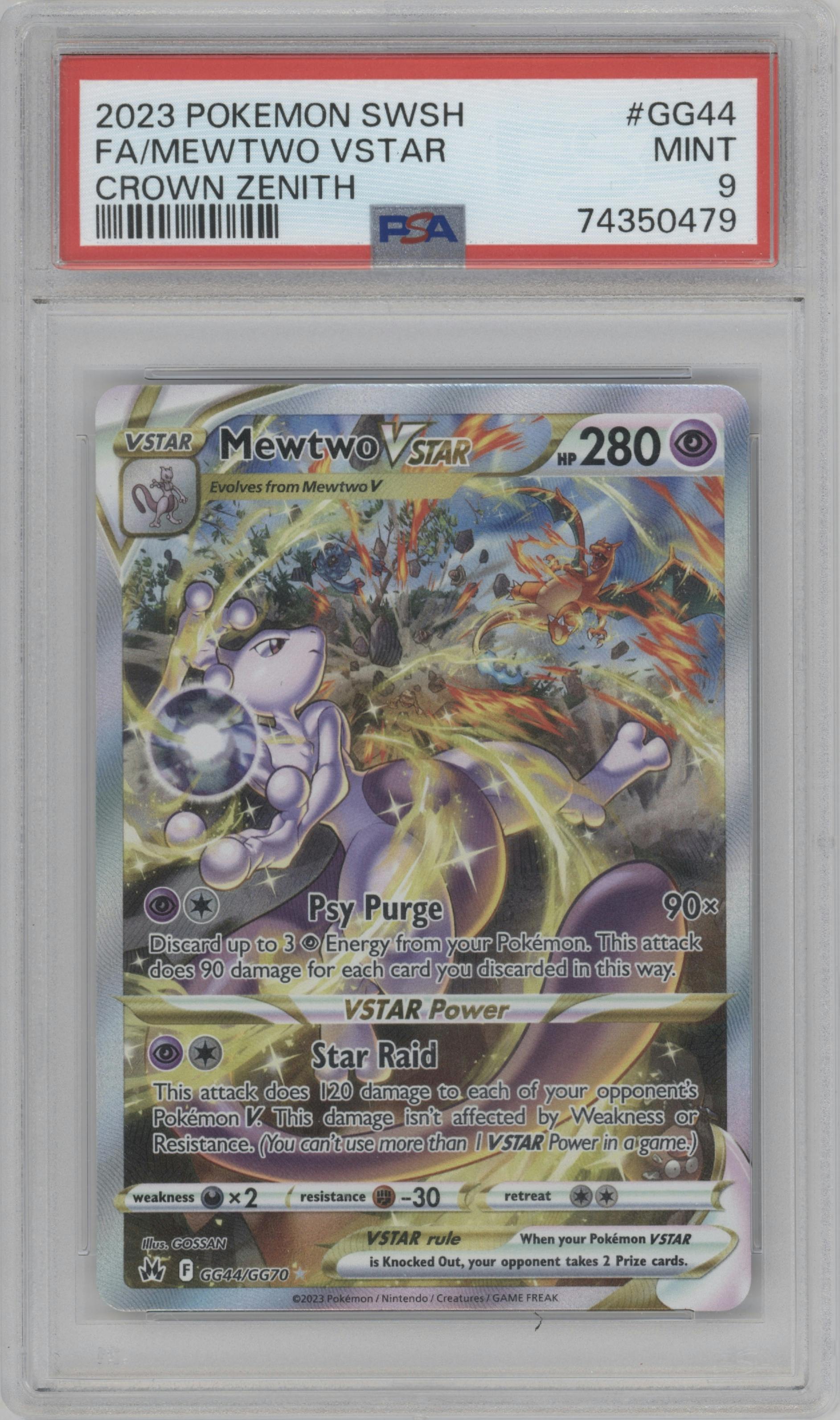 Mewtwo VSTAR from the 2023 Pokemon SWSH set graded by PSA and given an overall grade of 9.
