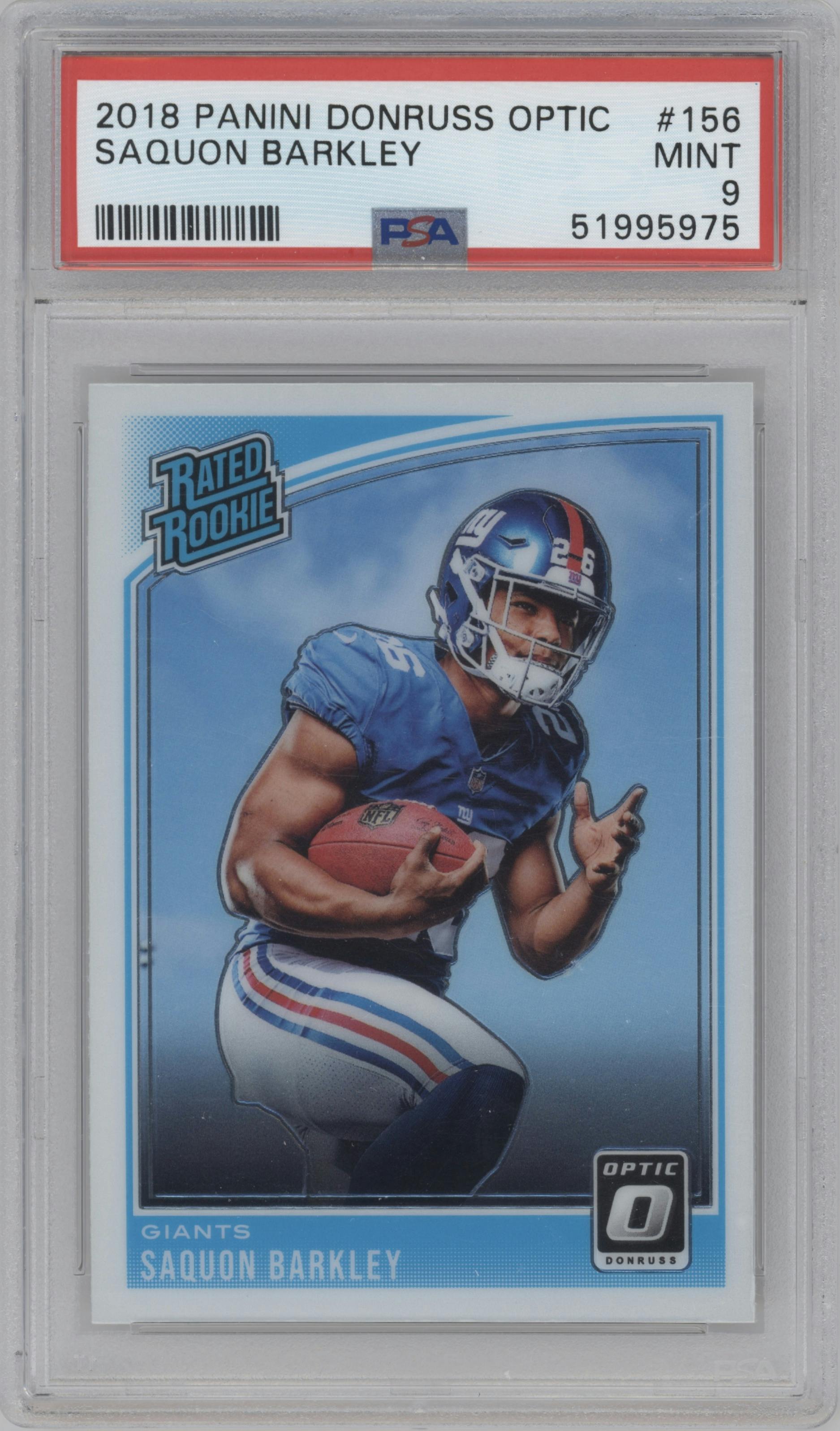 Saquon Barkley from the 2018 Panini Donruss Optic set graded by PSA and given an overall grade of 9.