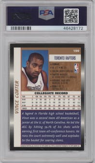 Vince Carter from the 1998-99 Topps set graded by PSA and given an overall grade of 7.5.