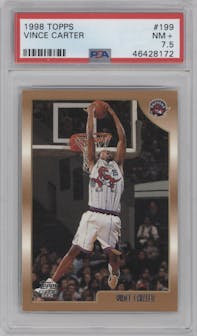 Vince Carter from the 1998-99 Topps set graded by PSA and given an overall grade of 7.5.