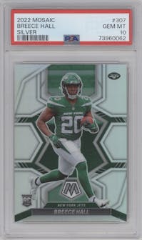 Breece Hall from the 2022 Panini Mosaic set featuring a Silver  parallel graded by PSA and given an overall grade of 10.