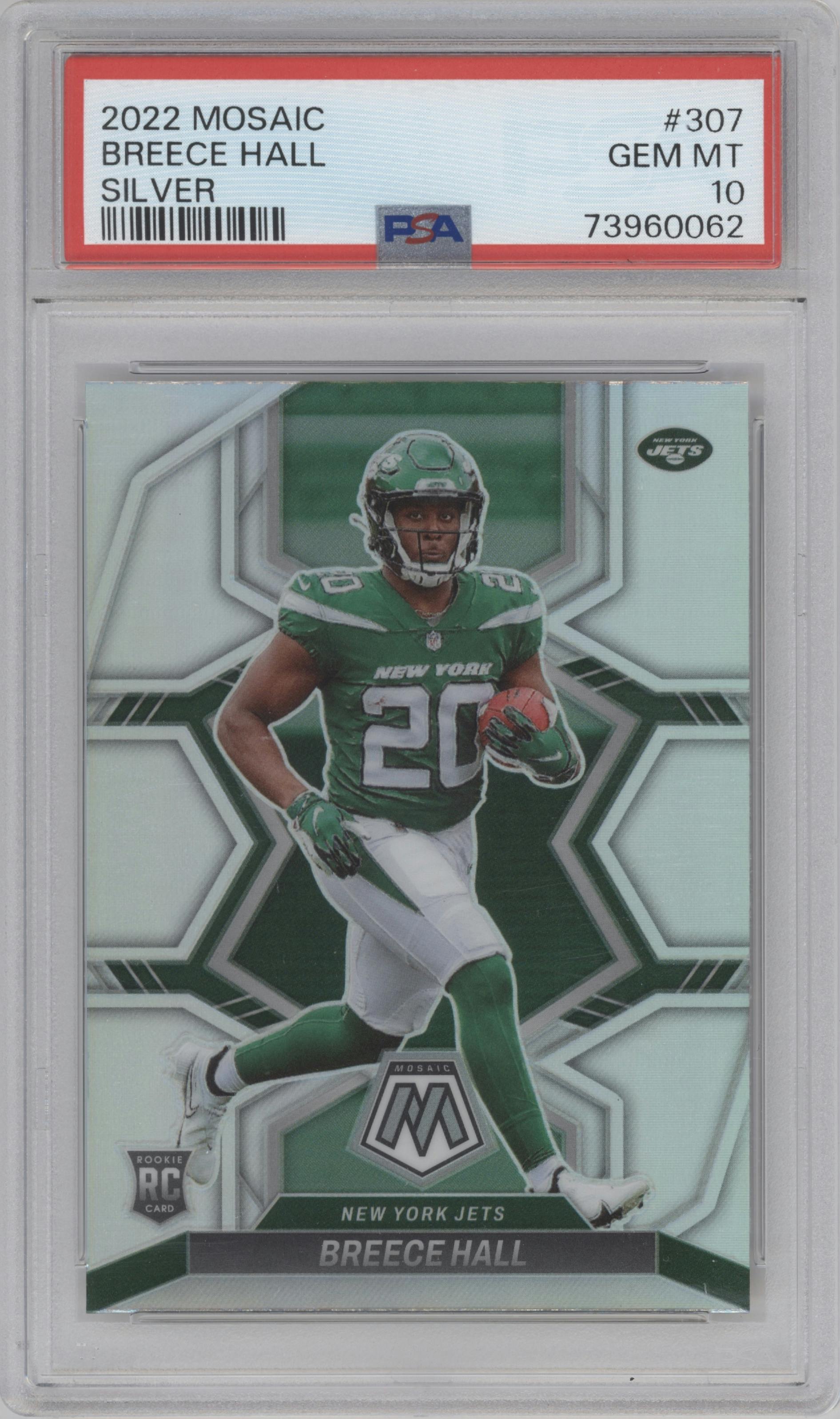 Breece Hall from the 2022 Panini Mosaic set featuring a Silver  parallel graded by PSA and given an overall grade of 10.