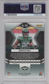 Breece Hall from the 2022 Panini Mosaic set featuring a Silver  parallel graded by PSA and given an overall grade of 10.