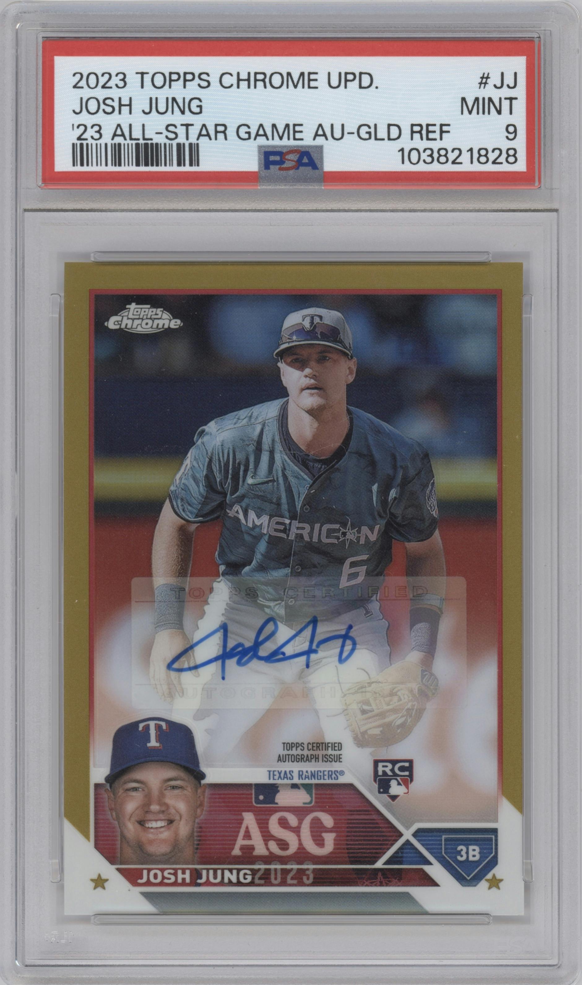 Josh Jung from the 2023 Topps Chrome Update set featuring a Gold Refractor parallel graded by PSA and given an overall grade of 9.