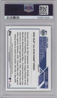Josh Jung from the 2023 Topps Chrome Update set featuring a Gold Refractor parallel graded by PSA and given an overall grade of 9.