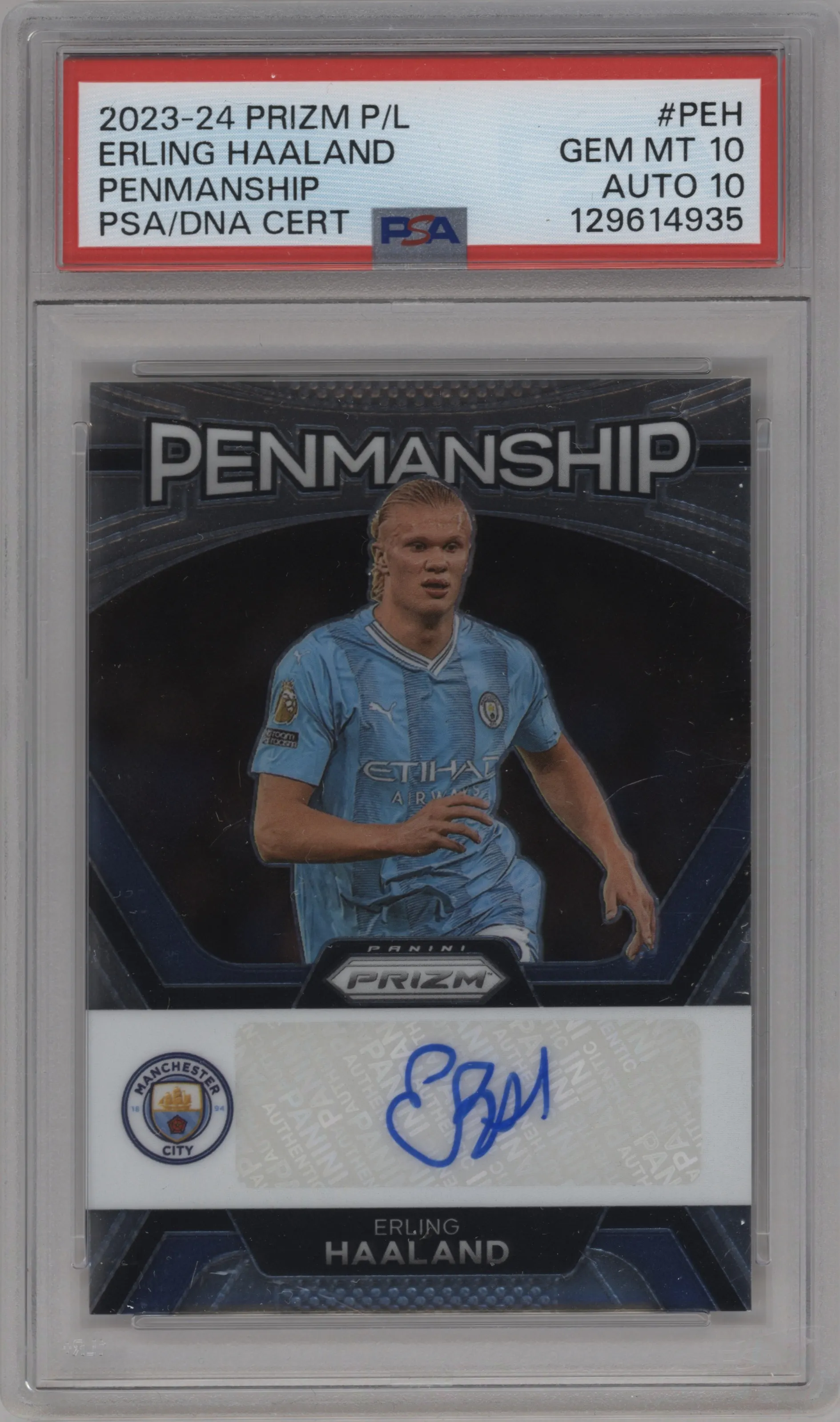 Erling Haaland from the 2023-24 Panini Prizm Premier League set graded by PSA and given an overall grade of 10.