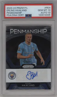 Erling Haaland from the 2023-24 Panini Prizm Premier League set graded by PSA and given an overall grade of 10.