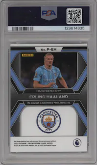 Erling Haaland from the 2023-24 Panini Prizm Premier League set graded by PSA and given an overall grade of 10.