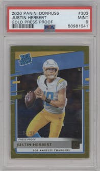 Justin Herbert from the 2020 Panini Donruss set featuring a Press Proof Gold parallel graded by PSA and given an overall grade of 9.