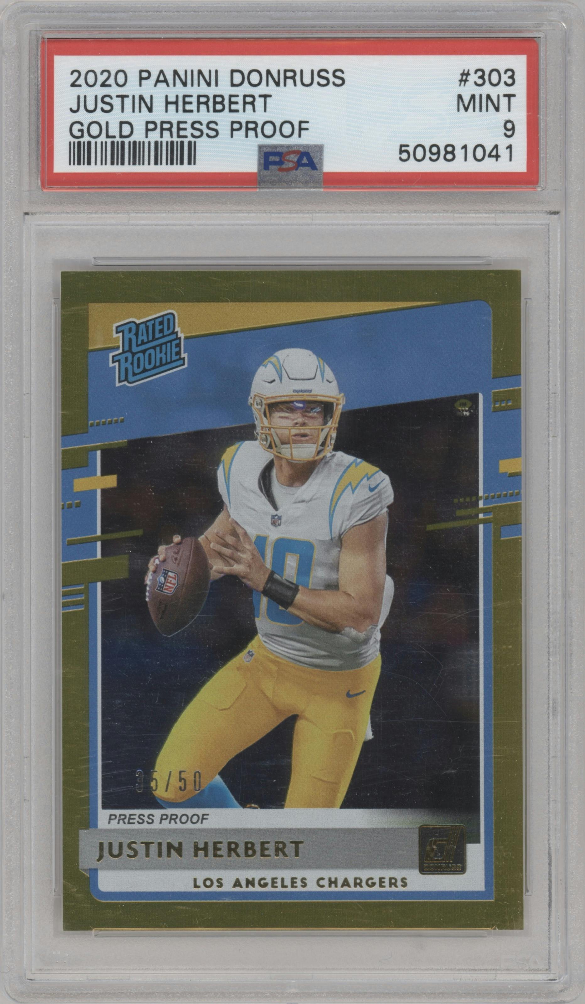 Justin Herbert from the 2020 Panini Donruss set featuring a Press Proof Gold parallel graded by PSA and given an overall grade of 9.