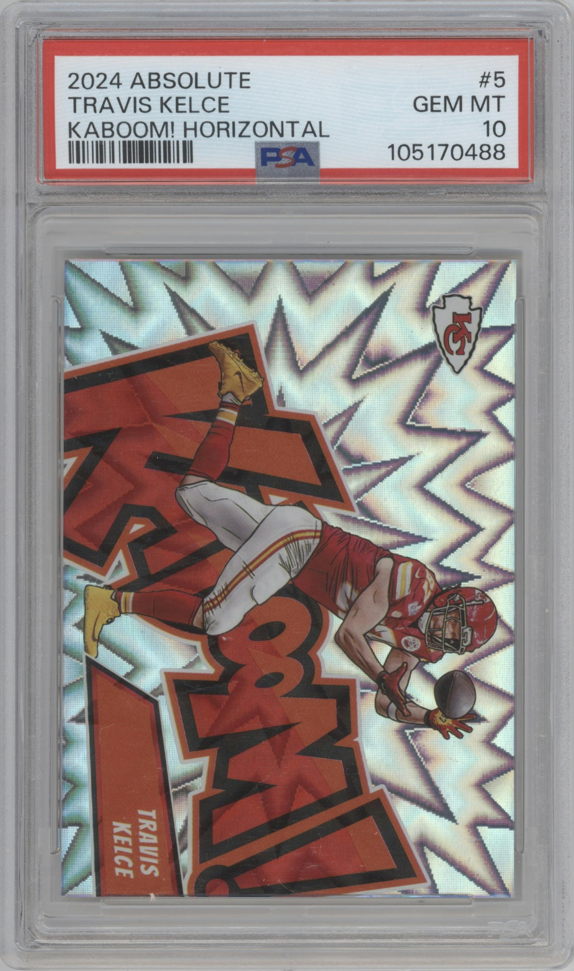 Travis Kelce from the 2024 Panini Absolute set graded by PSA and given an overall grade of 10.