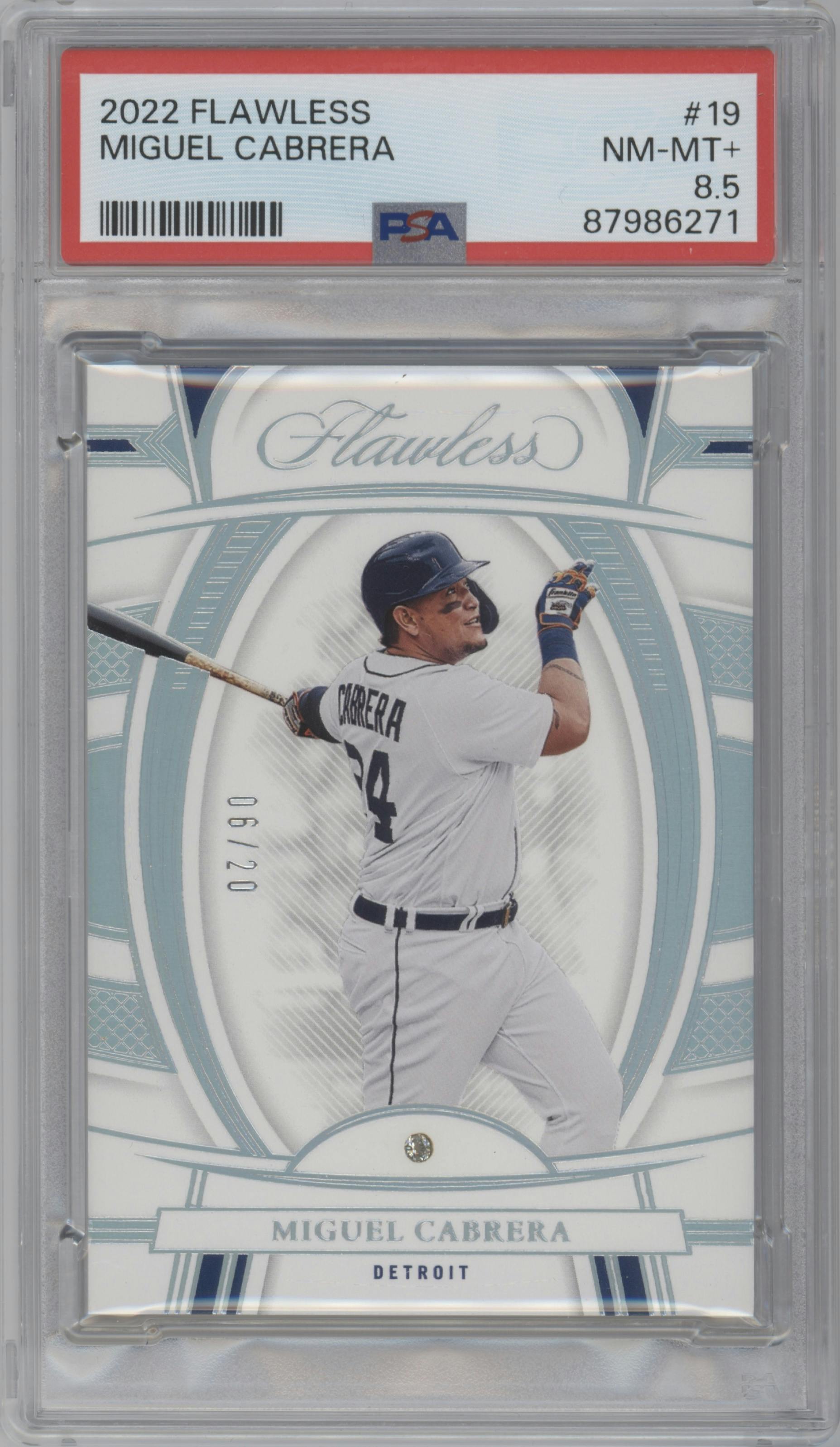 Miguel Cabrera from the 2022 Panini Flawless set graded by PSA and given an overall grade of 8.5.