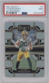 Tucker Kraft from the 2023 Panini Select set featuring a Silver Prizm parallel graded by PSA and given an overall grade of 9.