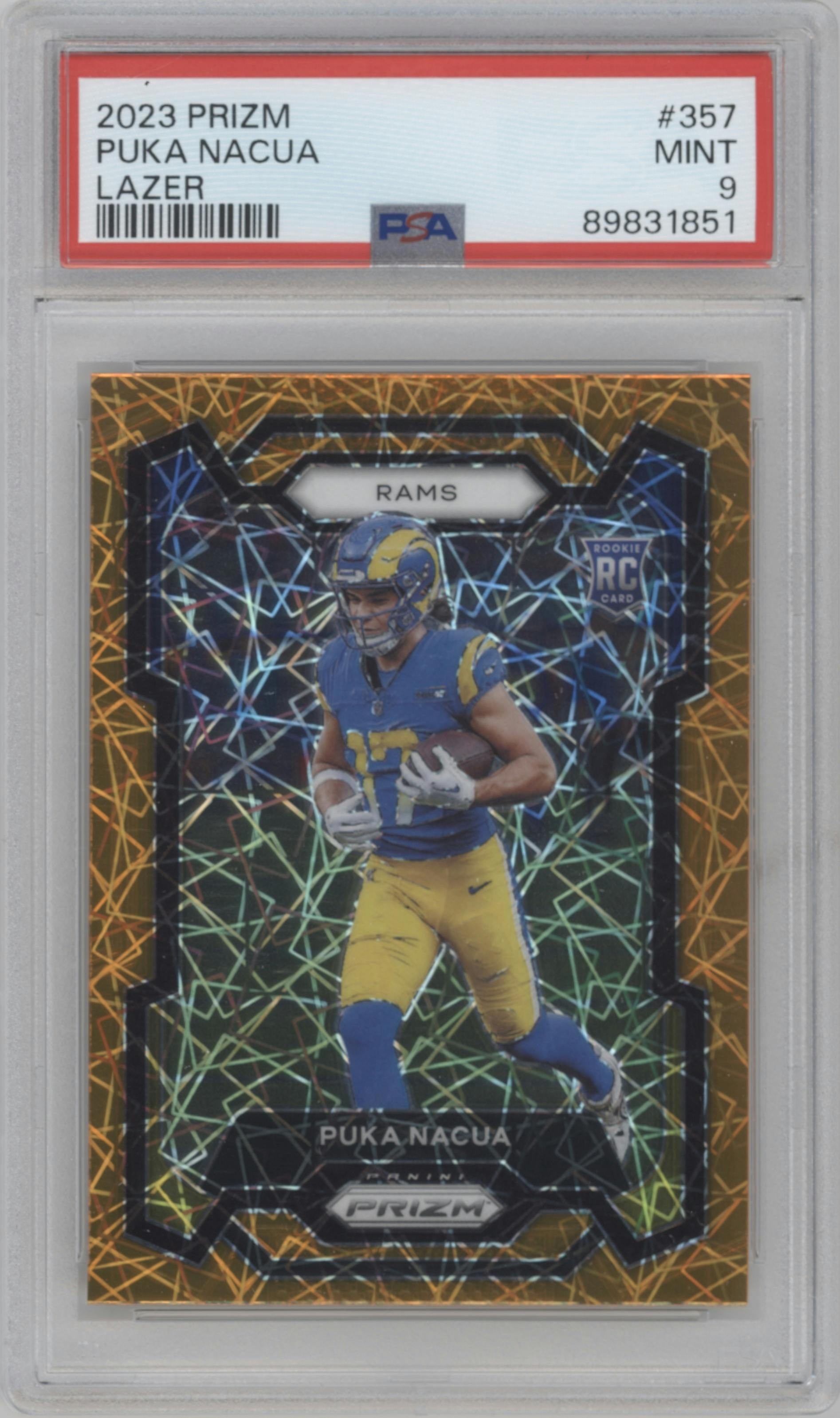 Puka Nacua from the 2023 Panini Prizm set featuring a Lazer parallel graded by PSA and given an overall grade of 9.