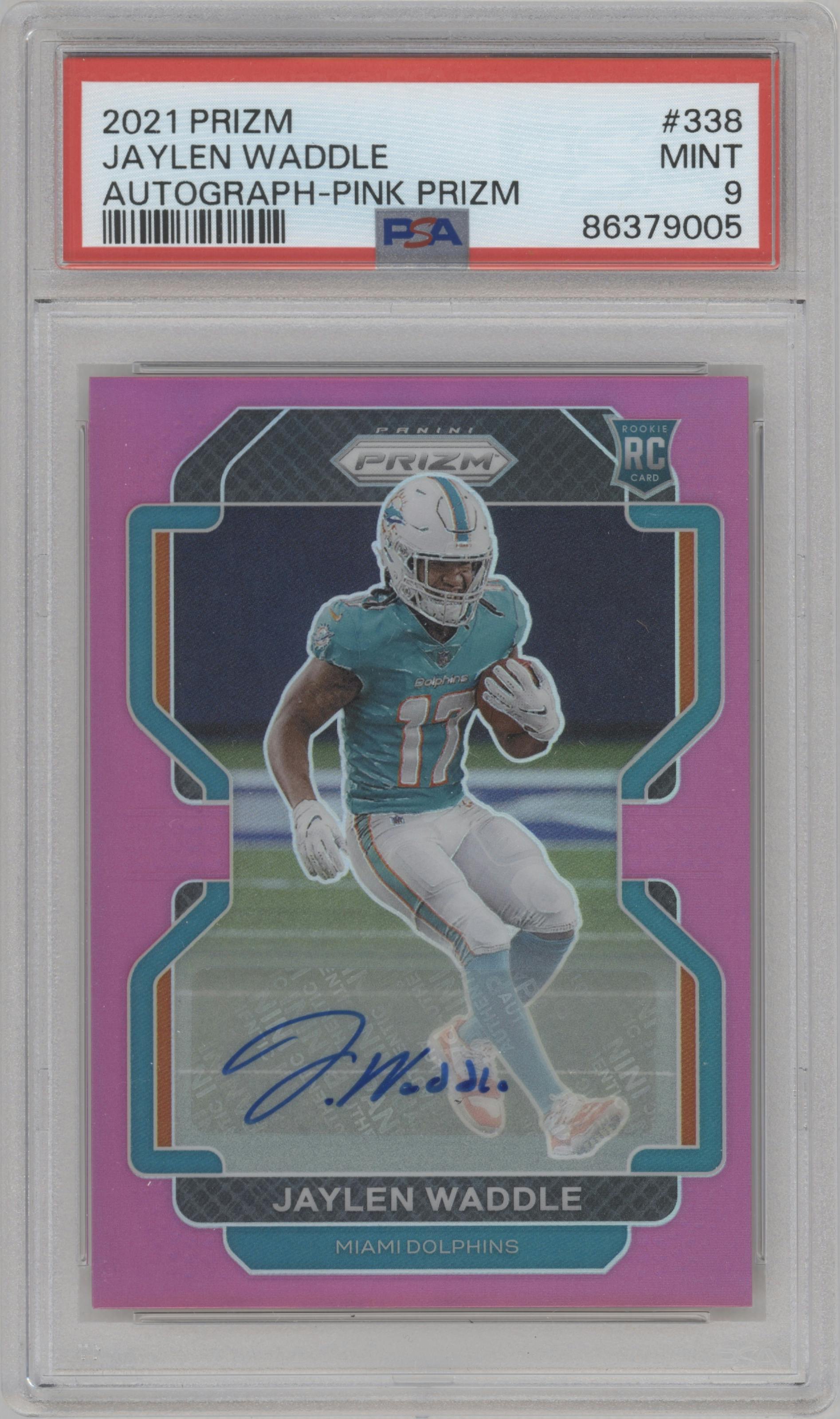 Jaylen Waddle from the 2021 Panini Prizm set featuring a Pink Prizm parallel graded by PSA and given an overall grade of 9.