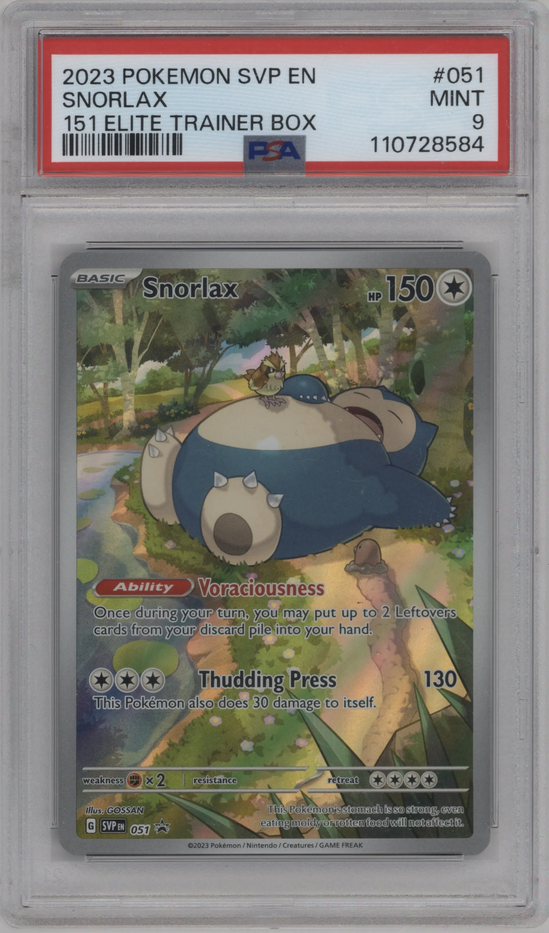 Snorlax from the 2023 Pokemon SV set featuring a Scarlet & Violet 151 Elite Trainer Box parallel graded by PSA and given an overall grade of 9.