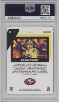 Brock Purdy from the 2022 Panini Chronicles set featuring a Silver parallel graded by PSA and given an overall grade of 10.