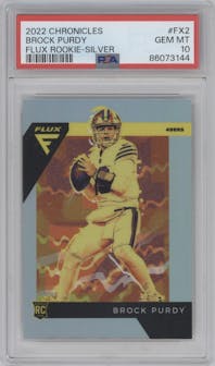 Brock Purdy from the 2022 Panini Chronicles set featuring a Silver parallel graded by PSA and given an overall grade of 10.