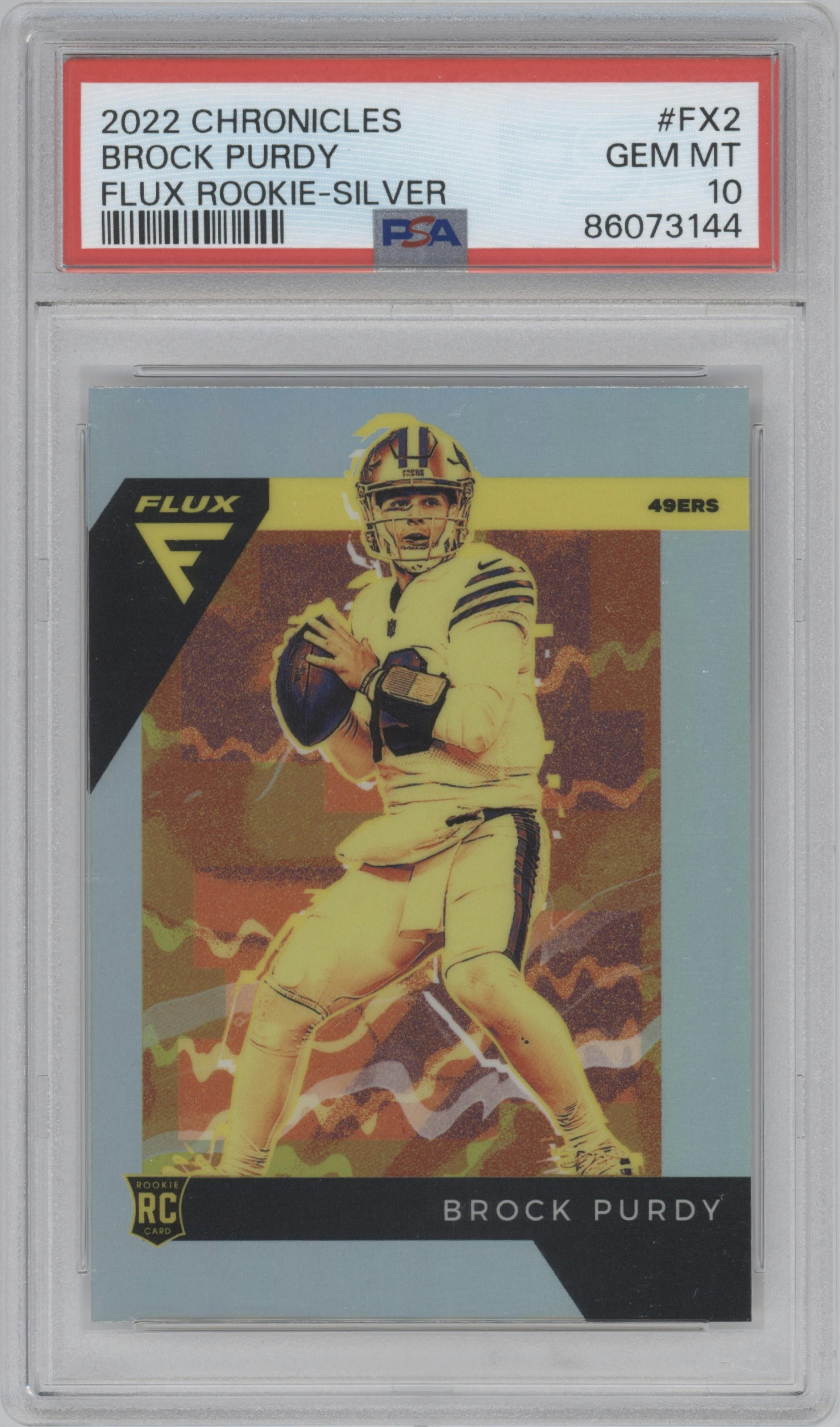 Brock Purdy from the 2022 Panini Chronicles set featuring a Silver parallel graded by PSA and given an overall grade of 10.