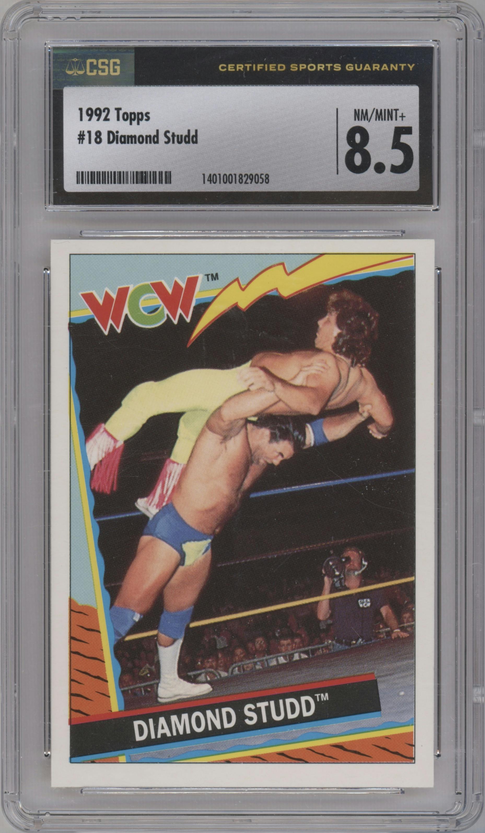 Diamond Studd from the 1992 Topps WCW European set graded by CSG and given an overall grade of 8.5.