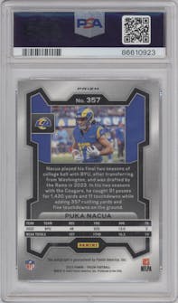 Puka Nacua from the 2023 Panini Prizm set graded by PSA and given an overall grade of 9.