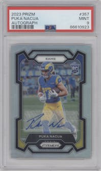Puka Nacua from the 2023 Panini Prizm set graded by PSA and given an overall grade of 9.